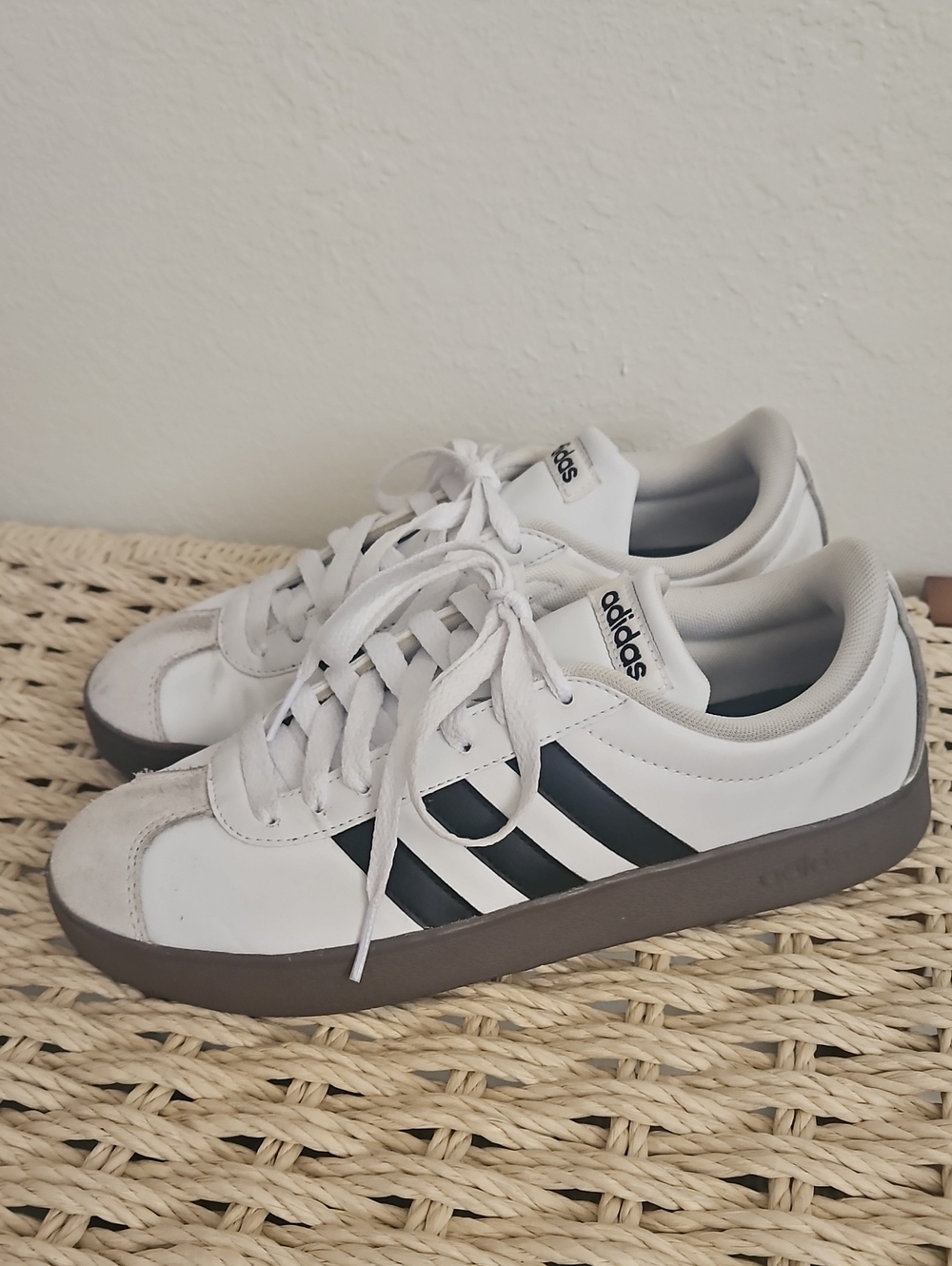 Size 8 Womens adidas White Sneakers with Black Stripes and Gray Sole